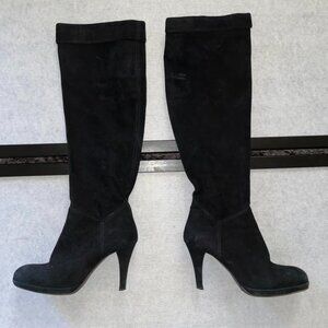 THE SELLER Stiletto Boots 7.5 EU 38 Heels Black Suede Leather Knee High G12